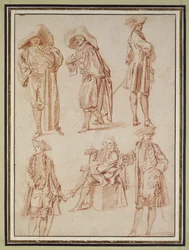 Two Studies of the Doctor in the Italian Comedy and Four Officers, Three Standing, One Seated